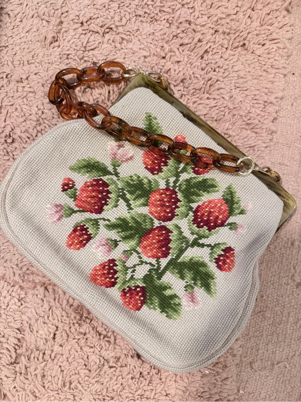 Vintage Strawberry Floral Needlepoint Top-Handle Bag - Ivory - Picture 2 of 6